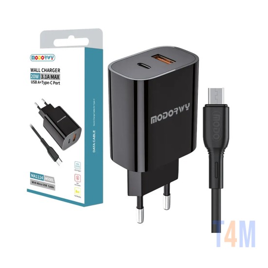Modorwy PD Wall Charger MA1114 USB+Type-C with Micro Cable 5V 3.1A Black